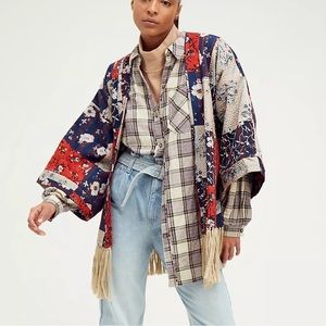 NEW Free People Cherry Blossom Patchwork Kimono Fringe Tie Jacket O/S Z133-2